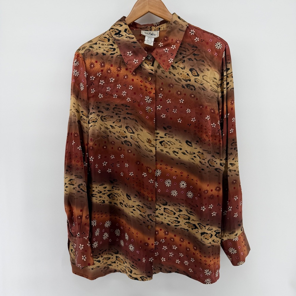 Bob Mackie Studio Vintage 100% Silk Leopard Floral Blouse Rust Brown Size 20